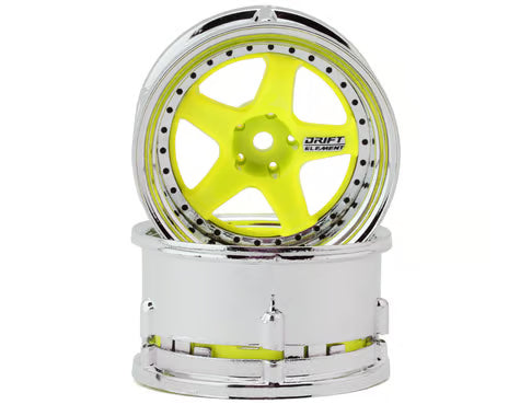 DS Racing Drift Element 5 Spokes Drift Wheel (Flu Yellow/Chrome Lip/Black Rivet) (Adjustable Offset) (2) w/12mm Hex